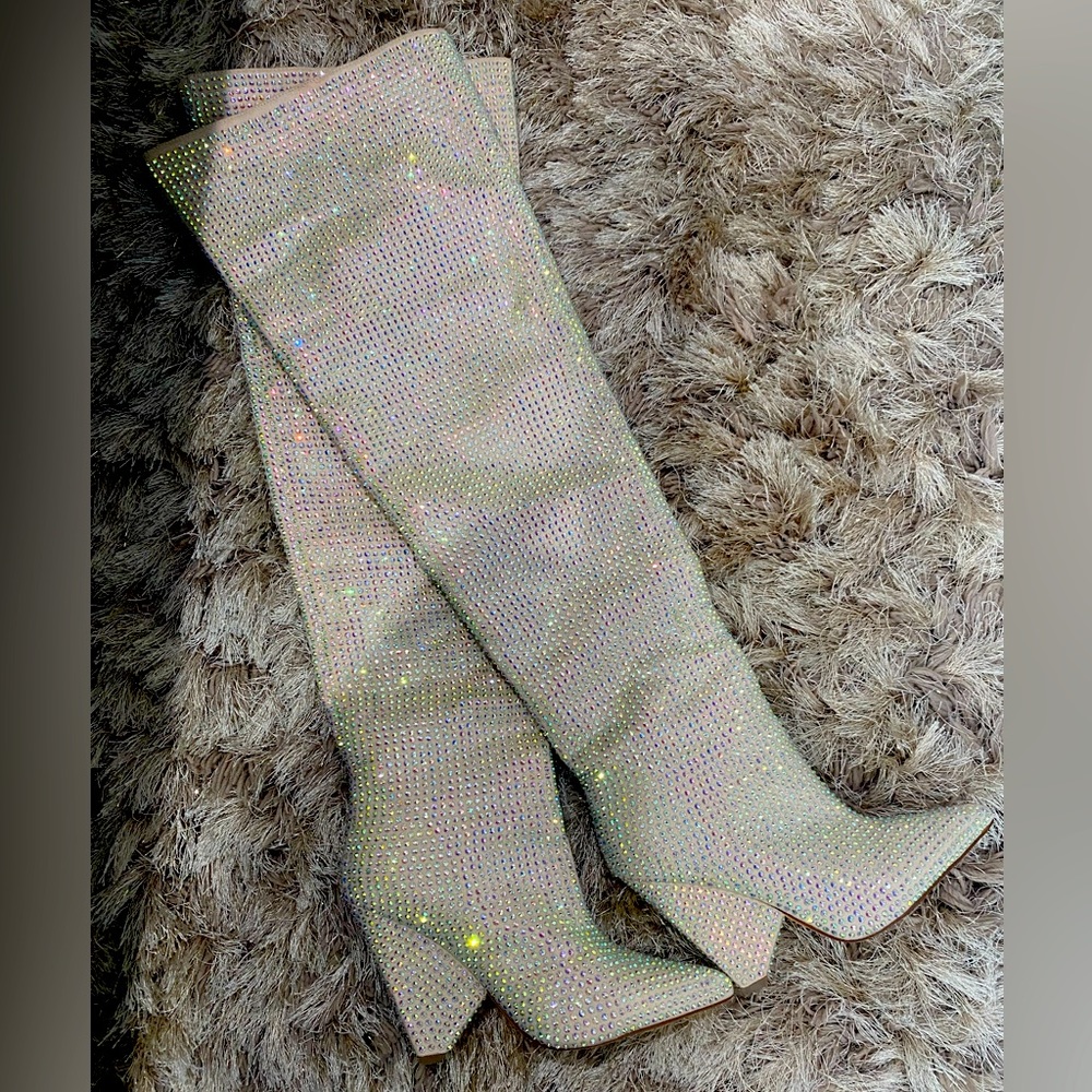 Nude, iridescent rhinestone over the knee/thigh high boots. - Picture 2 of 5